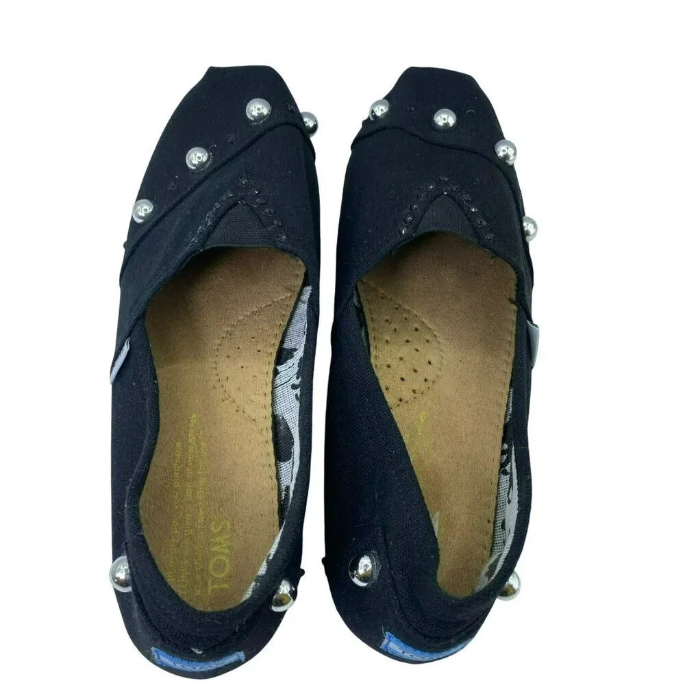 TOMS Women Classic Canvas Slip-Ons Studded Black Rhinestone Alpargatas Size 11 M